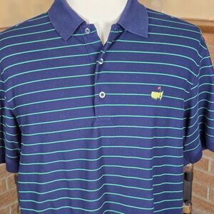 Navy Striped Polo Shirt with Green Accent - Classic Golf Logo